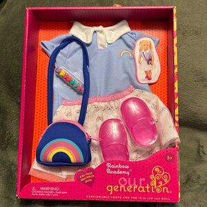 Our Generation Rainbow Academy outfit for 18" dolls top skirt shoes purse pen